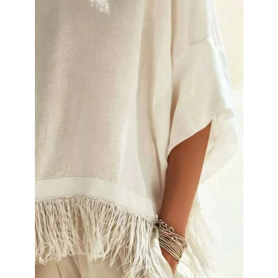 Fringed 3/4 Sleeve Blouse Apparel and Accessories