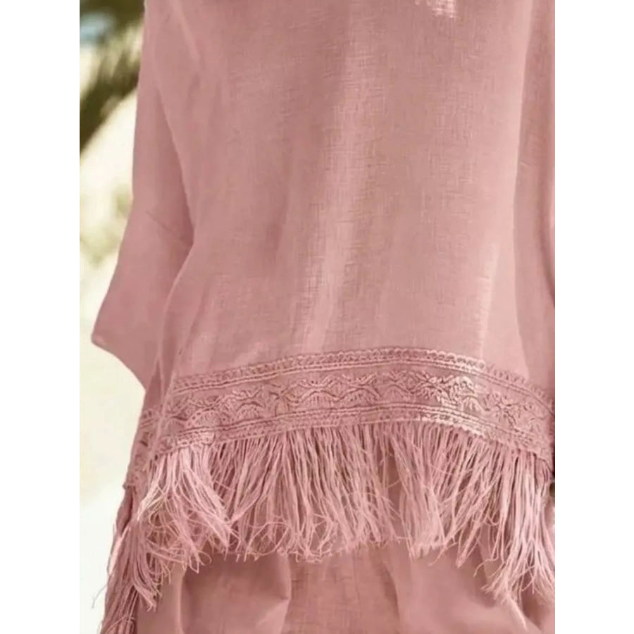 Fringed 3/4 Sleeve Blouse Apparel and Accessories