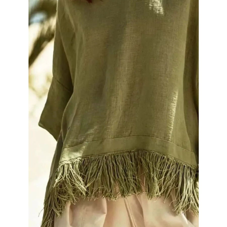 Fringed 3/4 Sleeve Blouse Apparel and Accessories