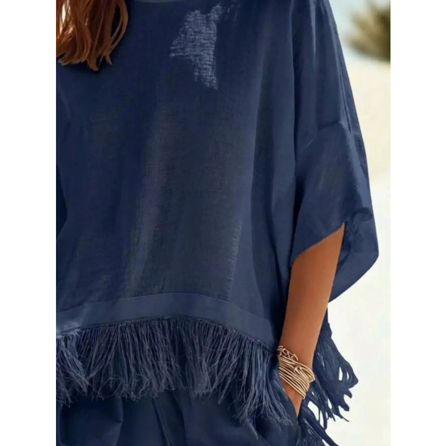 Fringed 3/4 Sleeve Blouse Navy Blue / S Apparel and Accessories