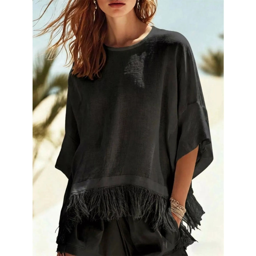 Fringed 3/4 Sleeve Blouse Black / S Apparel and Accessories