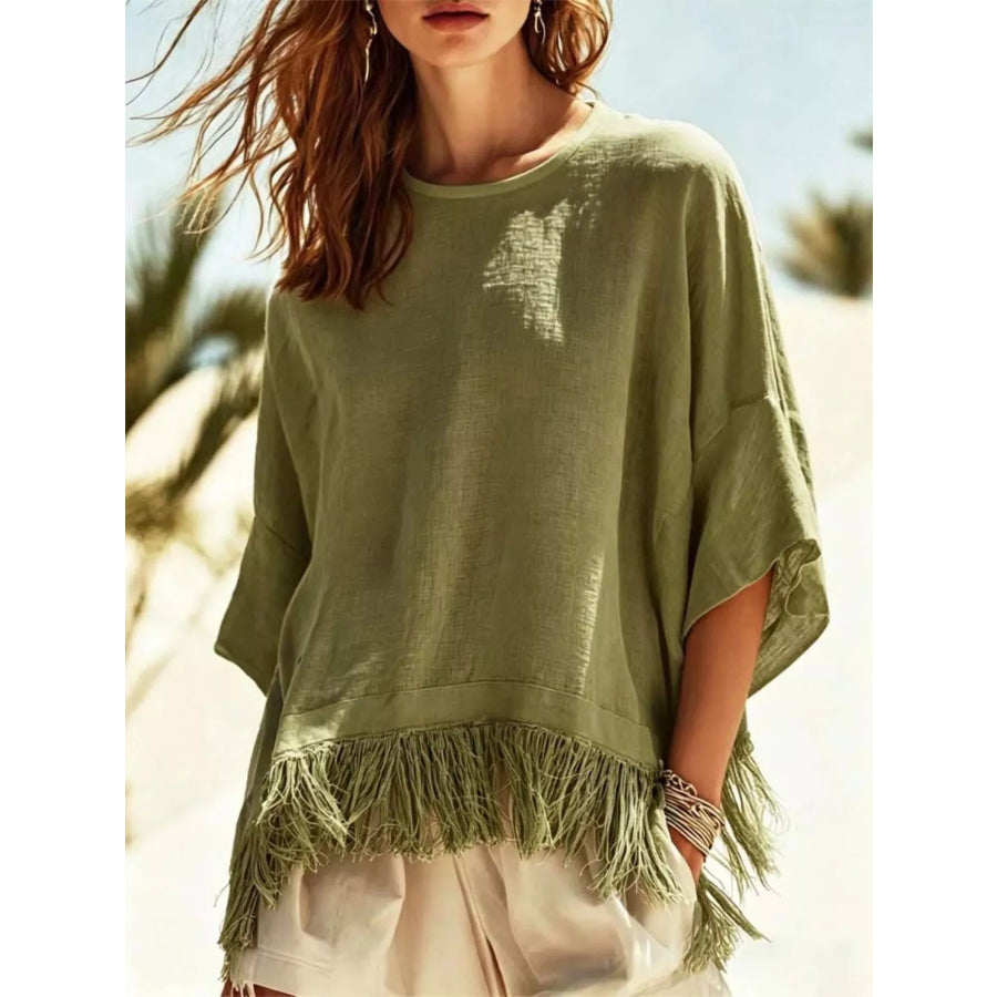 Fringed 3/4 Sleeve Blouse Green / S Apparel and Accessories