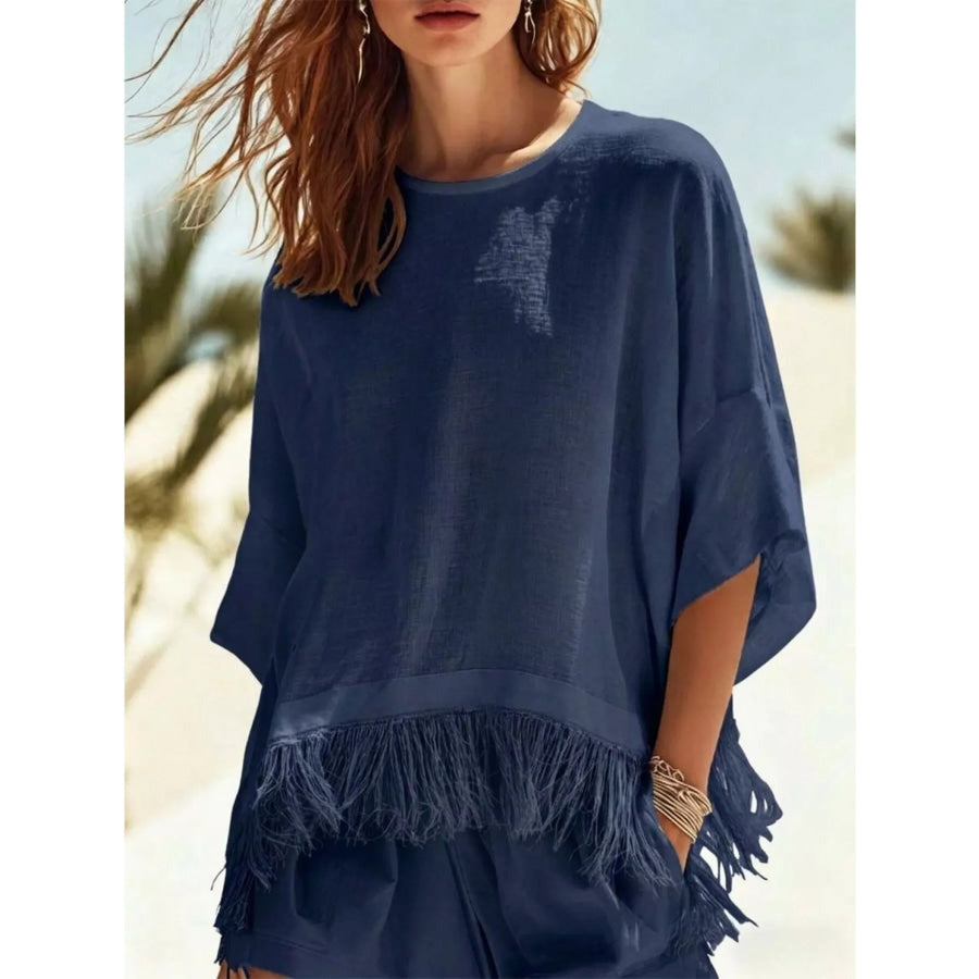 Fringed 3/4 Sleeve Blouse Navy Blue / S Apparel and Accessories