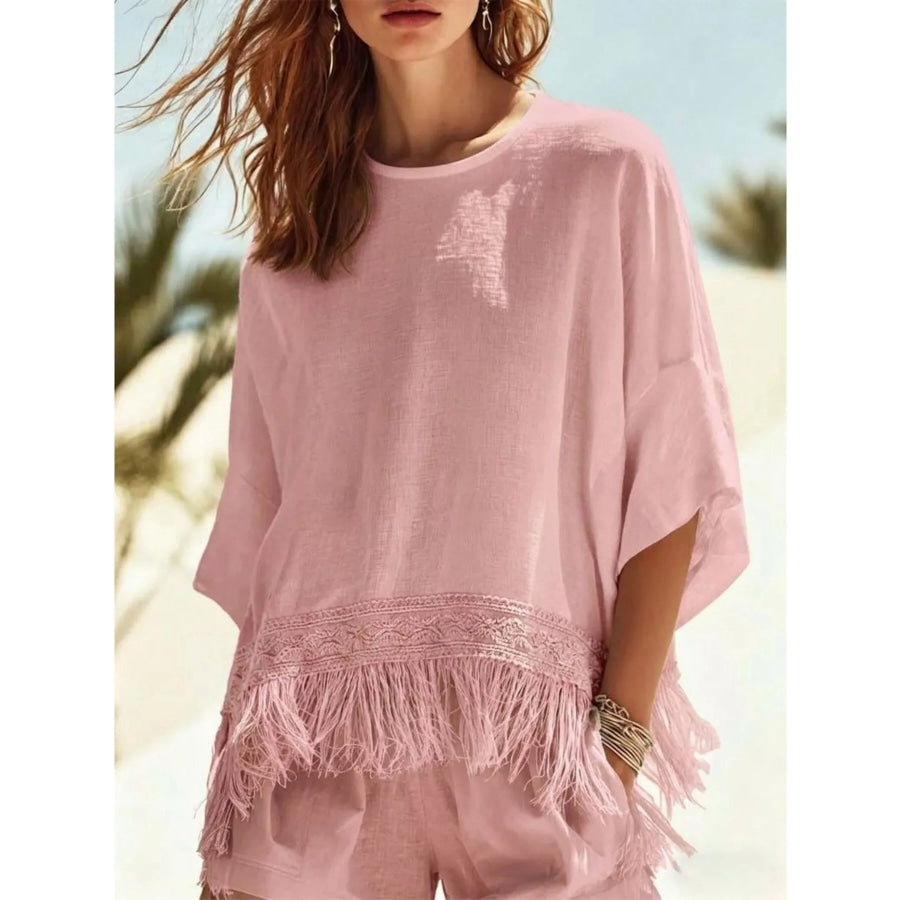 Fringed 3/4 Sleeve Blouse Pink / S Apparel and Accessories