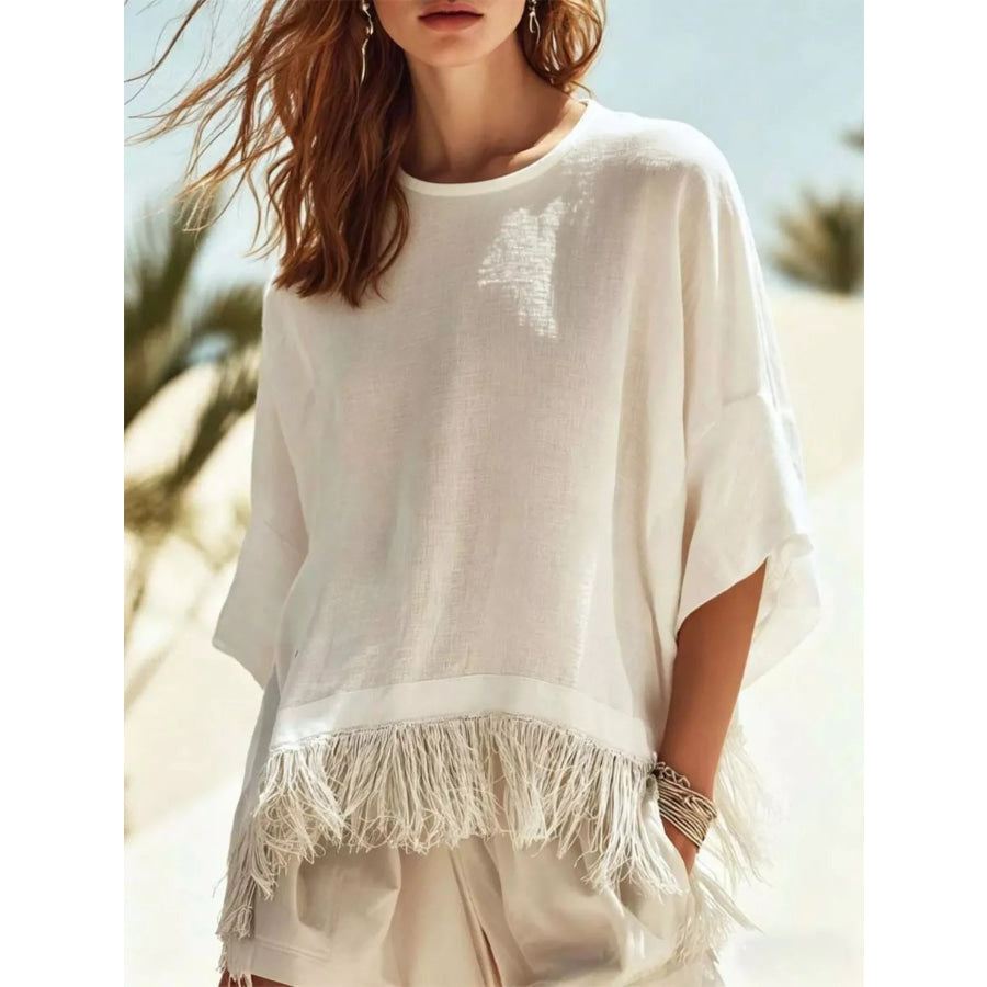 Fringed 3/4 Sleeve Blouse White / S Apparel and Accessories