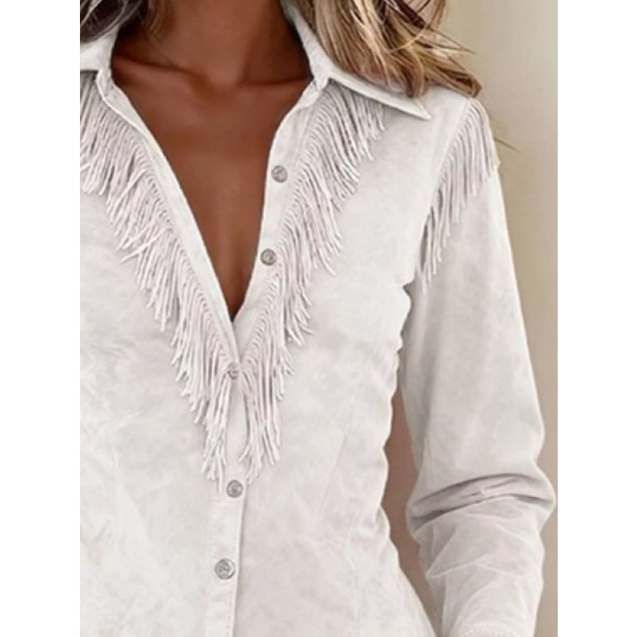 Fringed Button Up Long Sleeve Shirt Apparel and Accessories