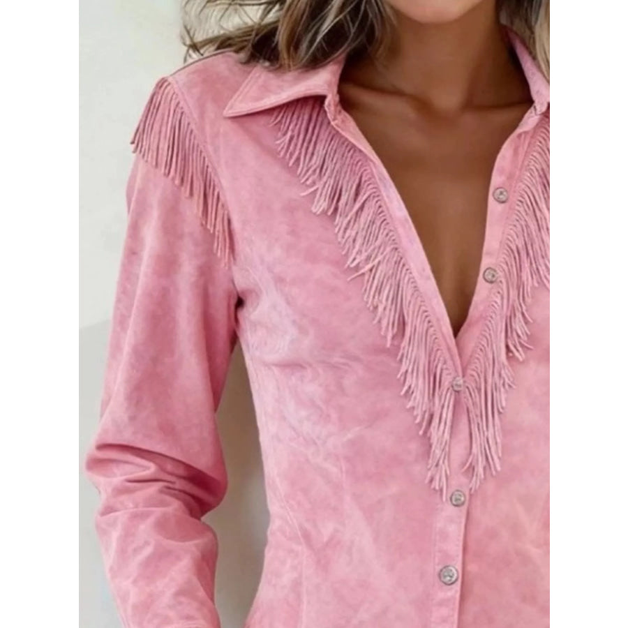 Fringed Button Up Long Sleeve Shirt Apparel and Accessories