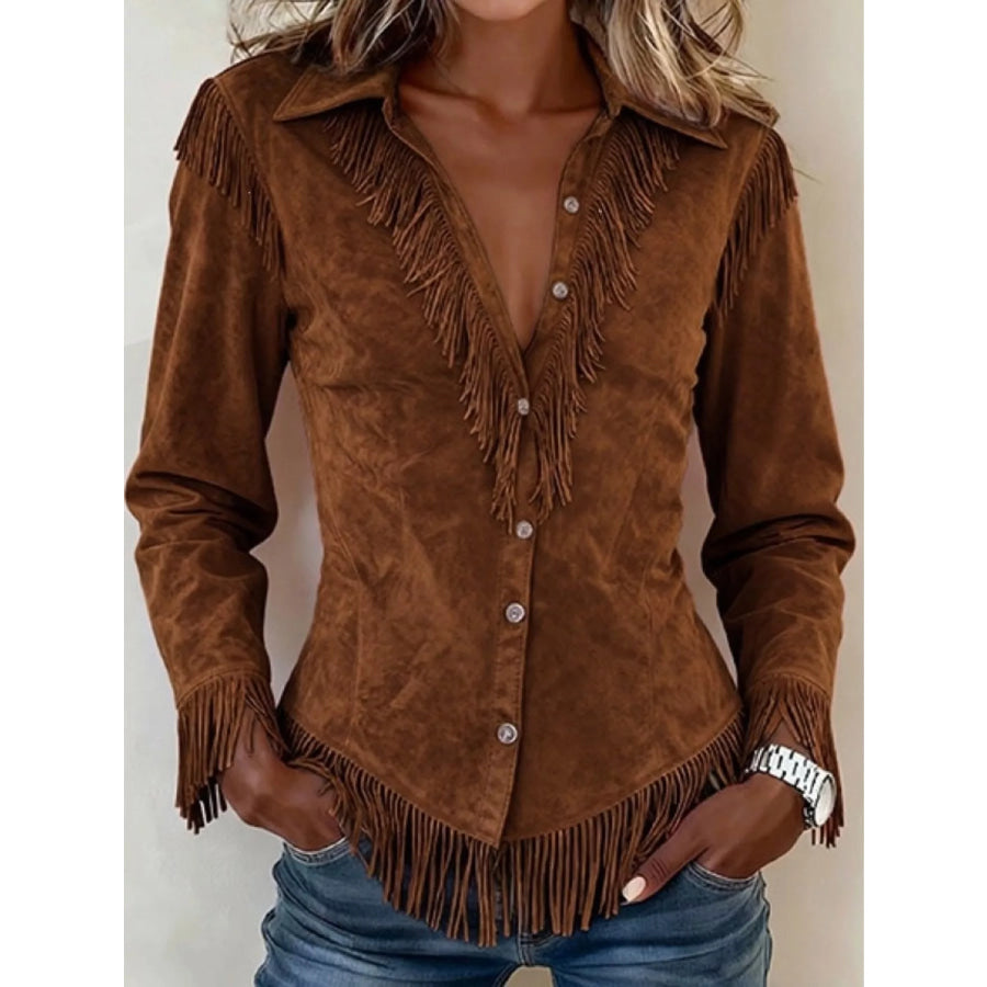 Fringed Button Up Long Sleeve Shirt Brown / S Apparel and Accessories
