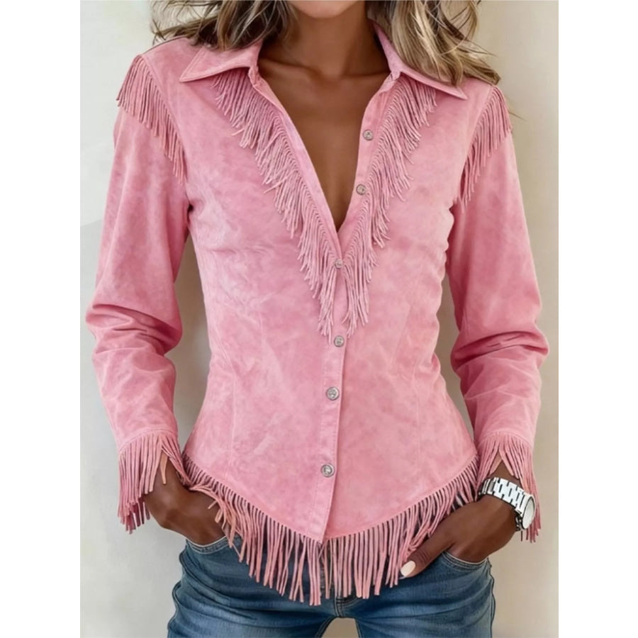 Fringed Button Up Long Sleeve Shirt Pink / S Apparel and Accessories