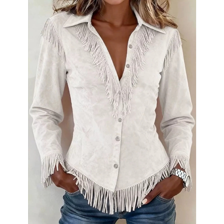 Fringed Button Up Long Sleeve Shirt White / S Apparel and Accessories