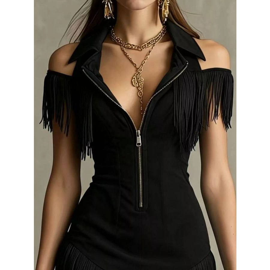 Fringed Cold Shoulder Mini Dress Apparel and Accessories