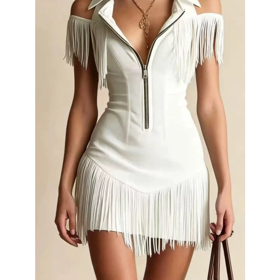 Fringed Cold Shoulder Mini Dress Apparel and Accessories
