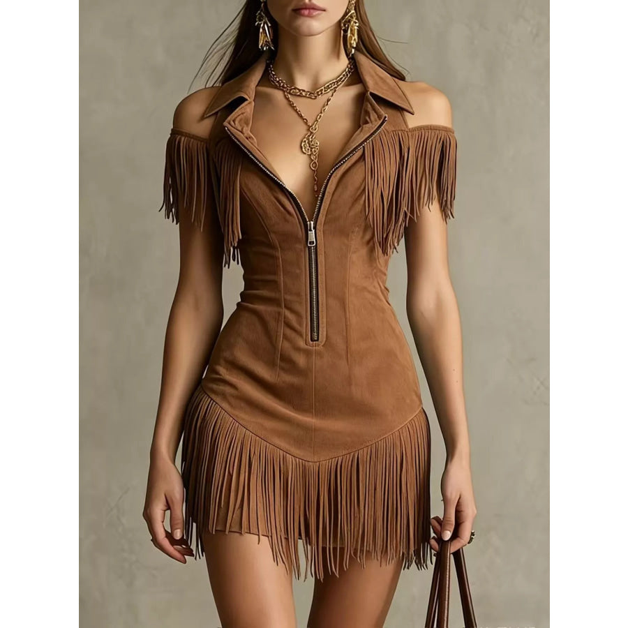 Fringed Cold Shoulder Mini Dress Apparel and Accessories