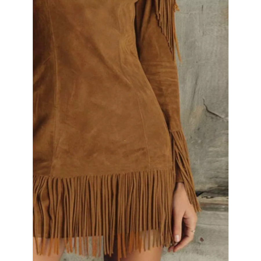 Fringed Cold Shoulder Mini Dress Apparel and Accessories