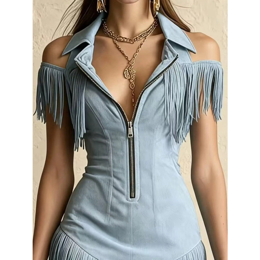 Fringed Cold Shoulder Mini Dress Apparel and Accessories