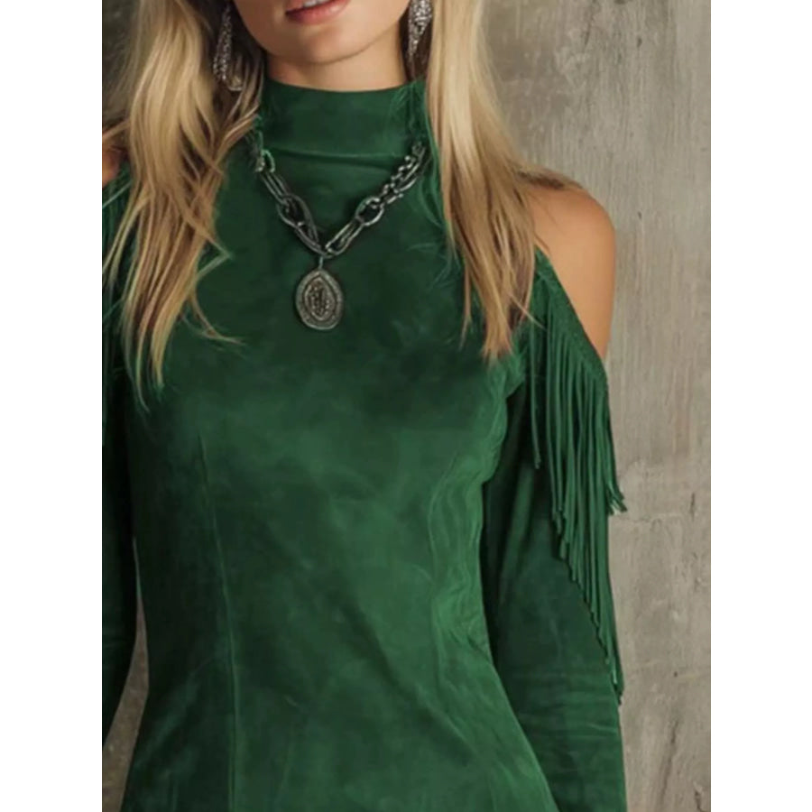 Fringed Cold Shoulder Mini Dress Apparel and Accessories