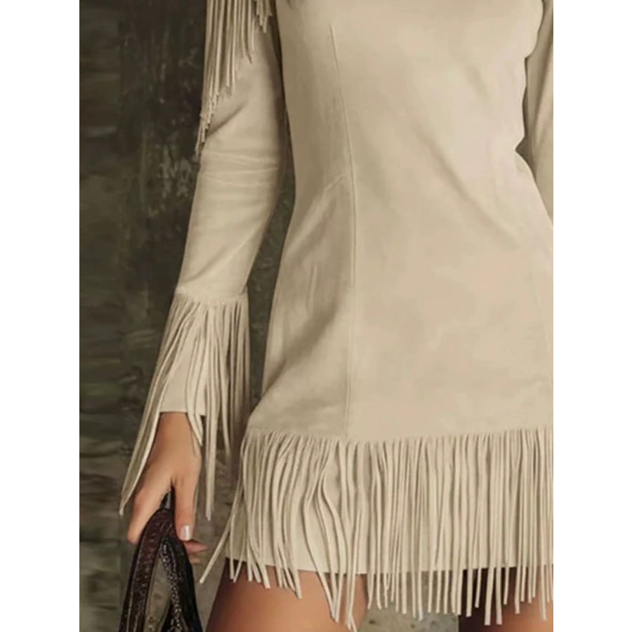 Fringed Cold Shoulder Mini Dress Apparel and Accessories