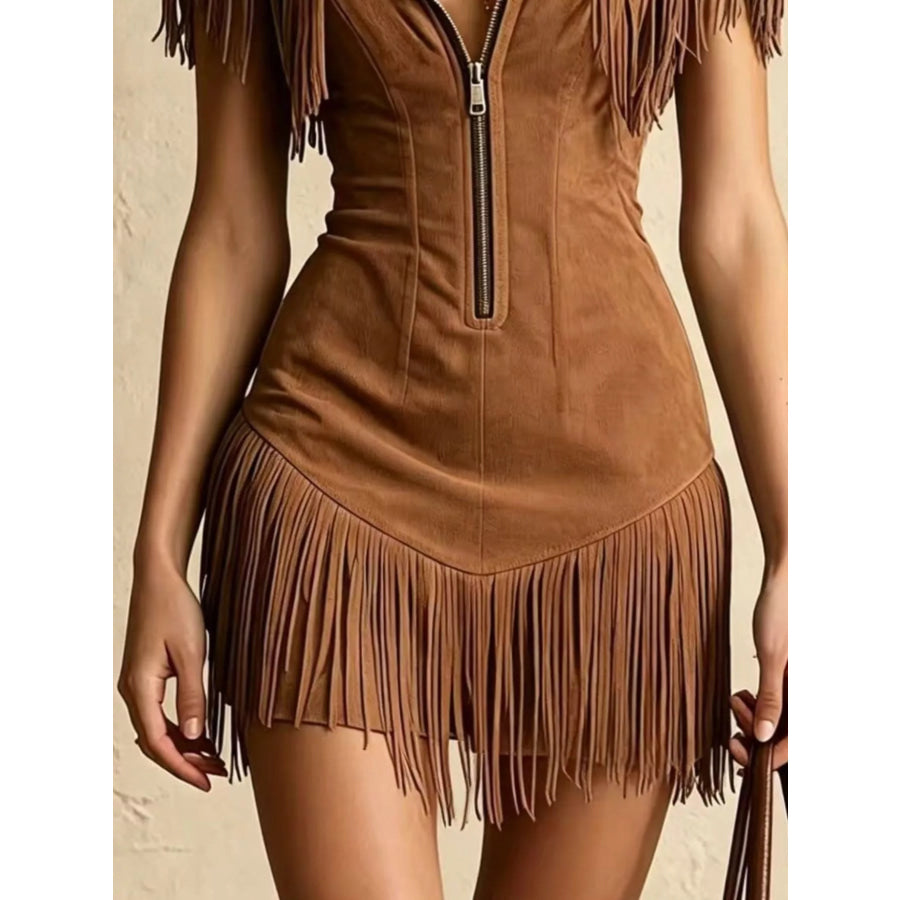 Fringed Cold Shoulder Mini Dress Apparel and Accessories
