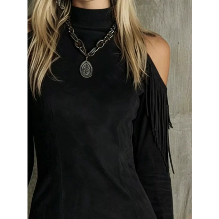 Fringed Cold Shoulder Mini Dress Apparel and Accessories