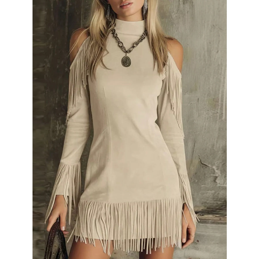 Fringed Cold Shoulder Mini Dress Apricot / S Apparel and Accessories