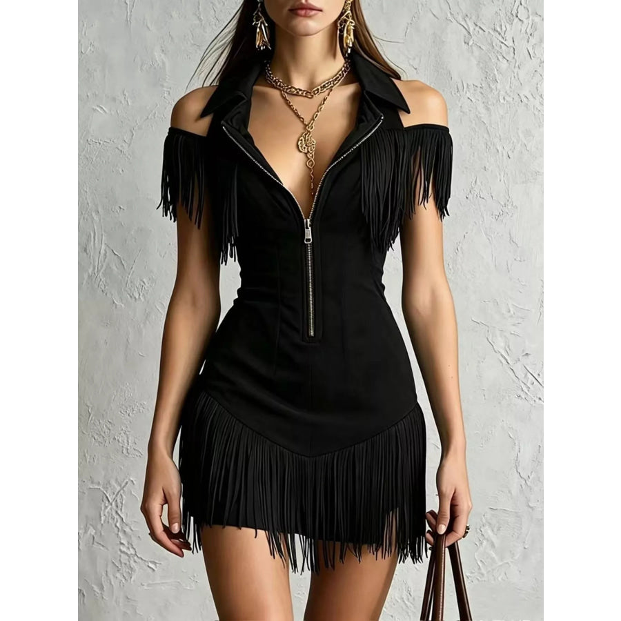 Fringed Cold Shoulder Mini Dress Black / S Apparel and Accessories