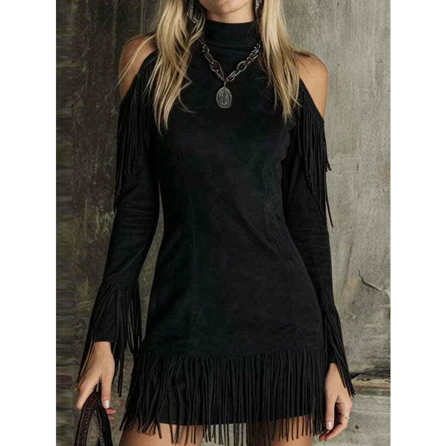 Fringed Cold Shoulder Mini Dress Black / S Apparel and Accessories