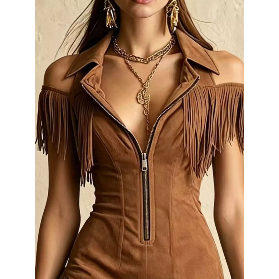 Fringed Cold Shoulder Mini Dress Brown / S Apparel and Accessories