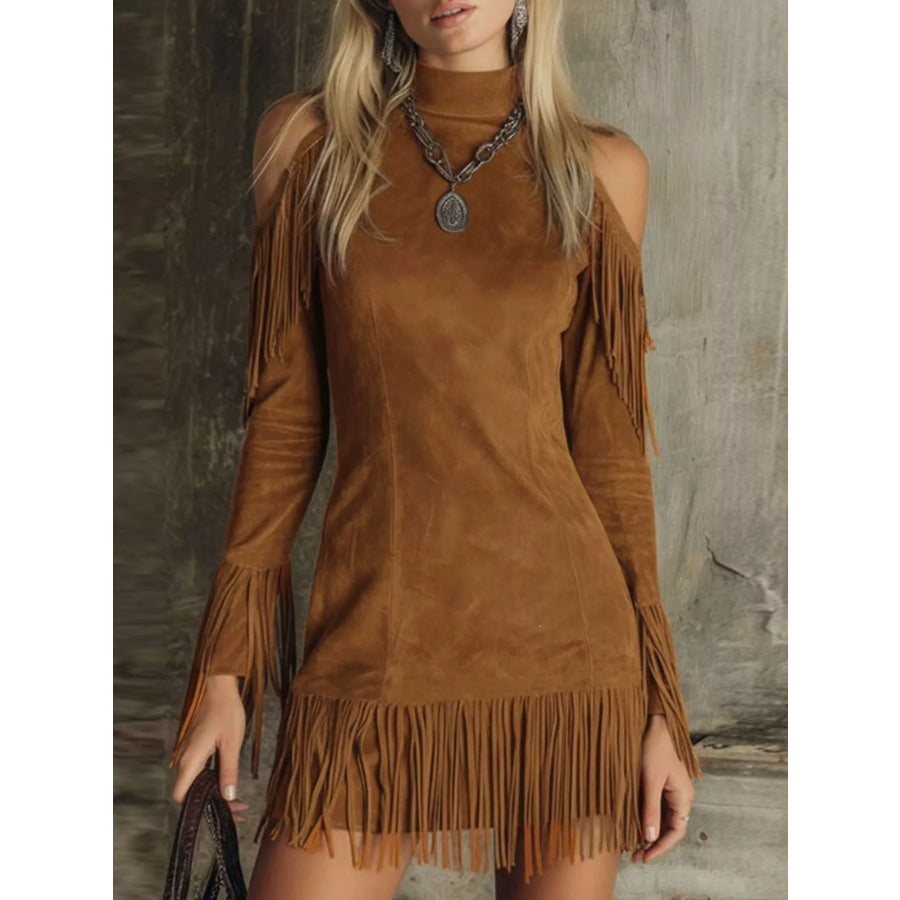 Fringed Cold Shoulder Mini Dress Brown / S Apparel and Accessories