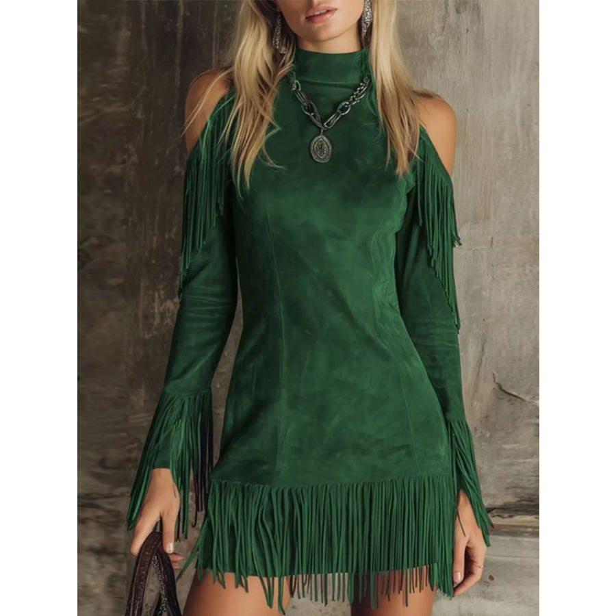 Fringed Cold Shoulder Mini Dress Green / S Apparel and Accessories