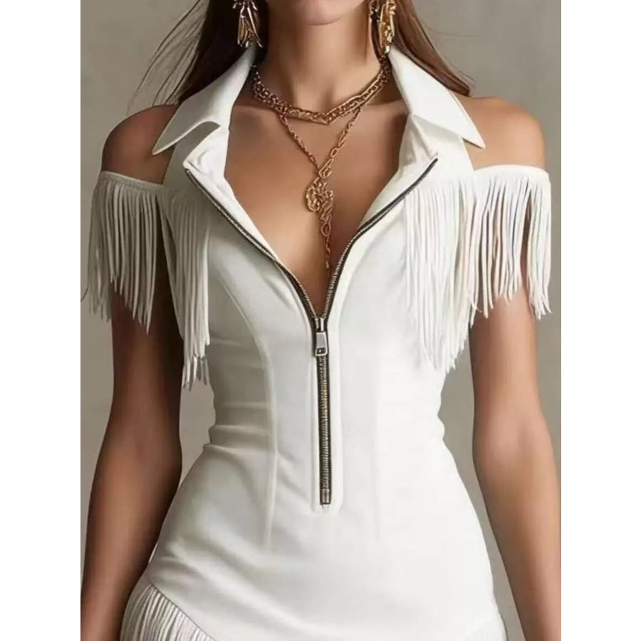 Fringed Cold Shoulder Mini Dress White / S Apparel and Accessories