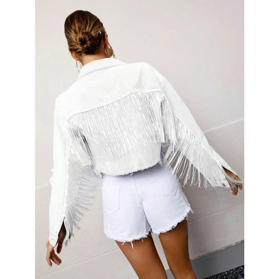 Fringed Cropped Denim Jacket Apparel and Accessories
