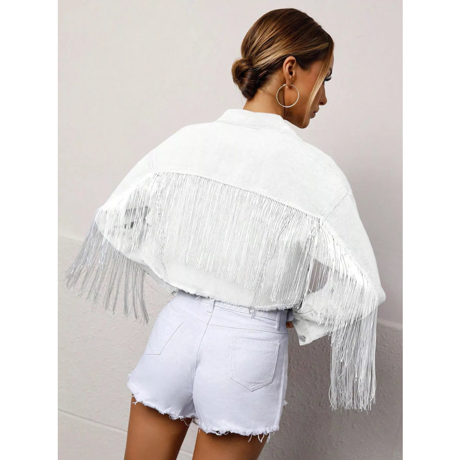Fringed Cropped Denim Jacket Apparel and Accessories