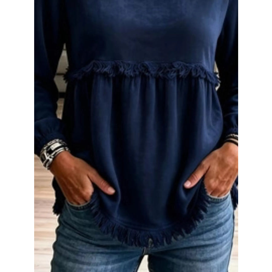 Fringed Hem Long Sleeve T-Shirt Apparel and Accessories