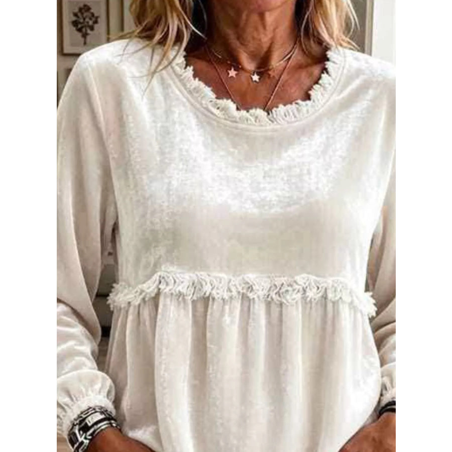 Fringed Hem Long Sleeve T-Shirt Apricot / S Apparel and Accessories