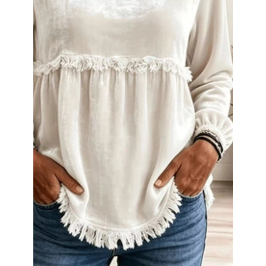 Fringed Hem Long Sleeve T-Shirt Apparel and Accessories