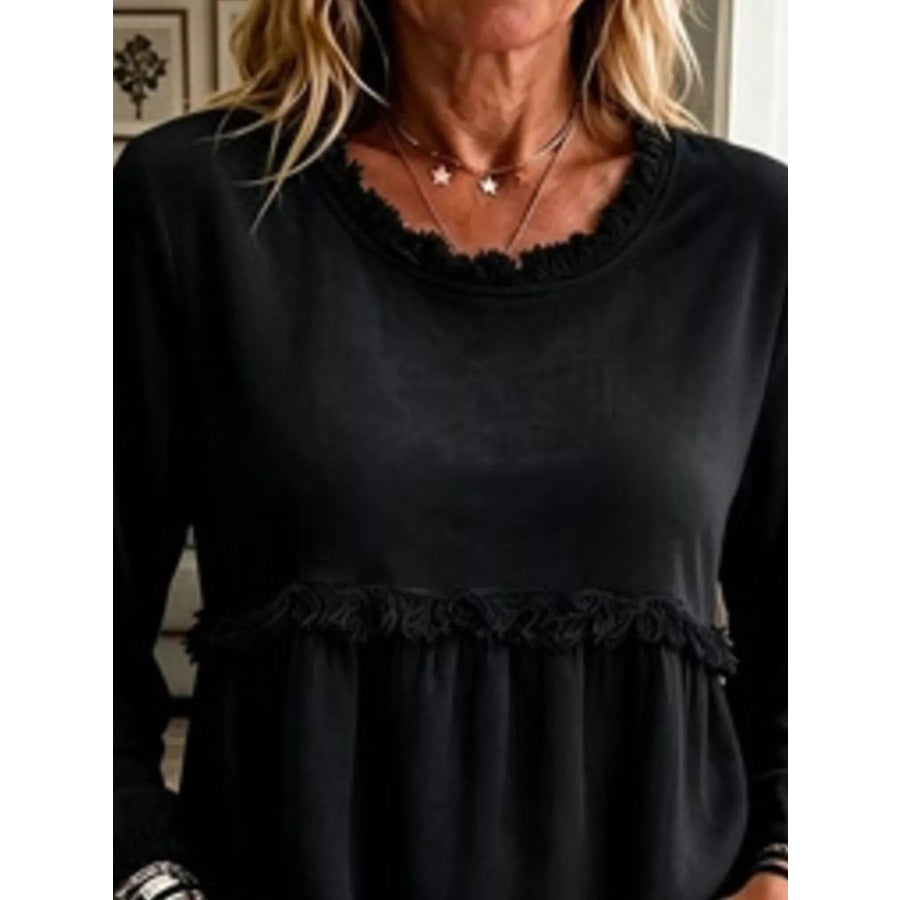 Fringed Hem Long Sleeve T-Shirt Apparel and Accessories