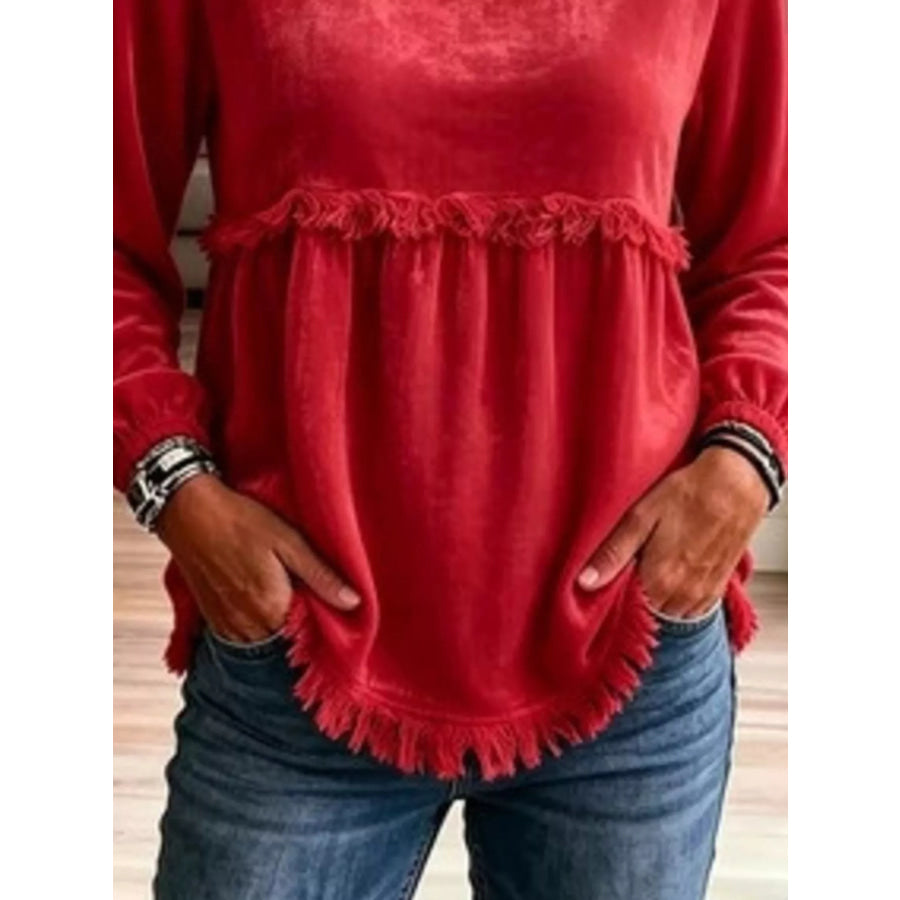 Fringed Hem Long Sleeve T-Shirt Apparel and Accessories