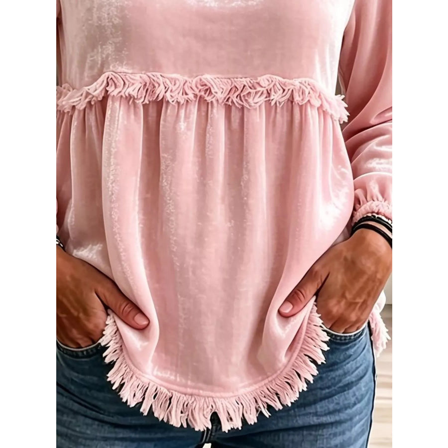 Fringed Hem Long Sleeve T-Shirt Apparel and Accessories