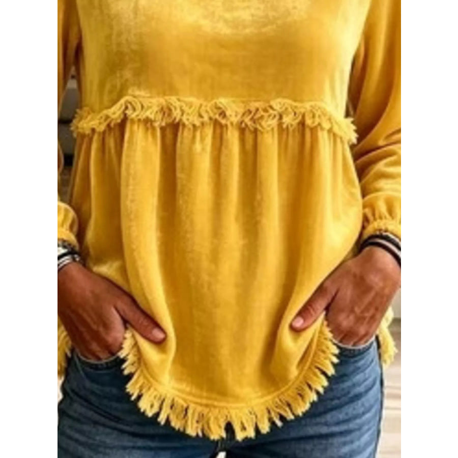 Fringed Hem Long Sleeve T-Shirt Apparel and Accessories