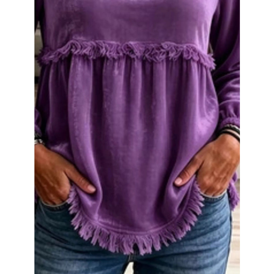 Fringed Hem Long Sleeve T-Shirt Apparel and Accessories