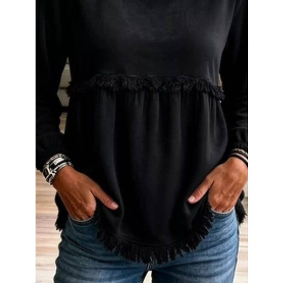 Fringed Hem Long Sleeve T-Shirt Apparel and Accessories