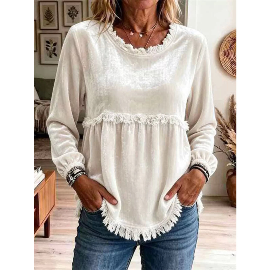 Fringed Hem Long Sleeve T-Shirt Apricot / S Apparel and Accessories