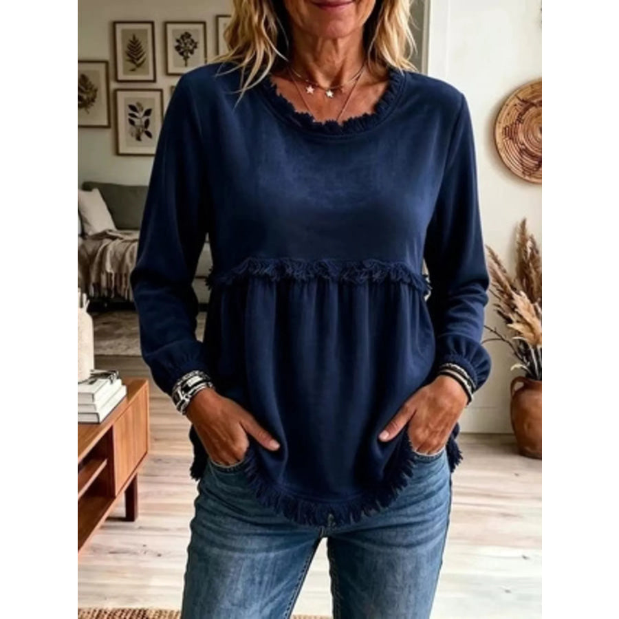 Fringed Hem Long Sleeve T-Shirt Navy / S Apparel and Accessories