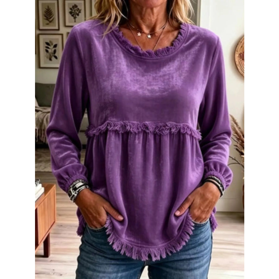 Fringed Hem Long Sleeve T-Shirt Purple / S Apparel and Accessories