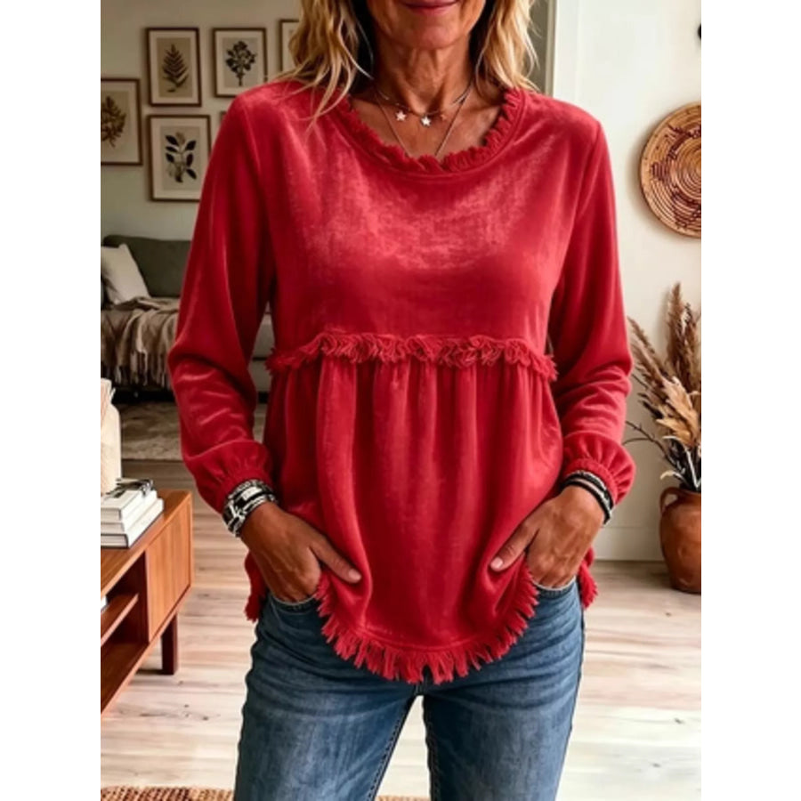 Fringed Hem Long Sleeve T-Shirt Red / S Apparel and Accessories