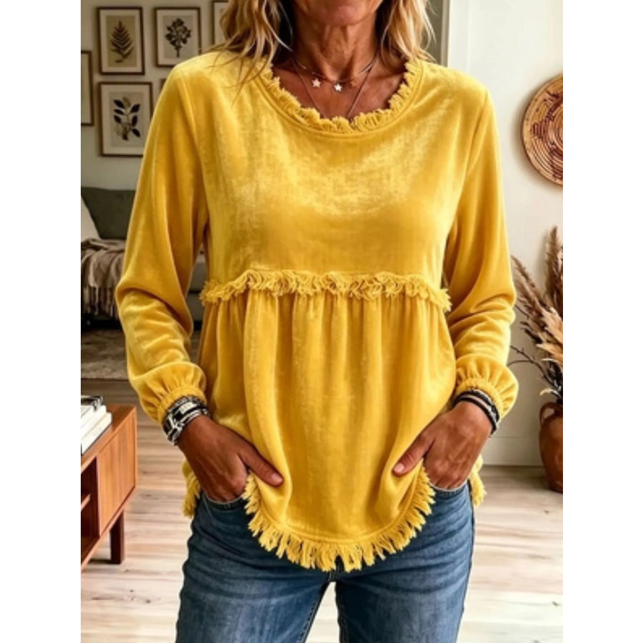 Fringed Hem Long Sleeve T-Shirt Yellow / S Apparel and Accessories
