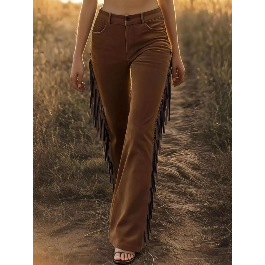 Fringed High Waist Pants Brown / S Apparel and Accessories