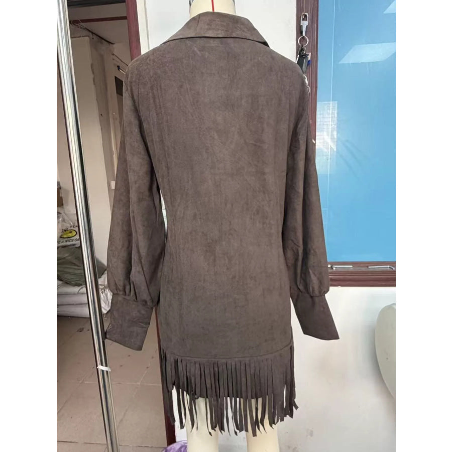 Fringed Lantern Sleeve Dress Apparel and Accessories