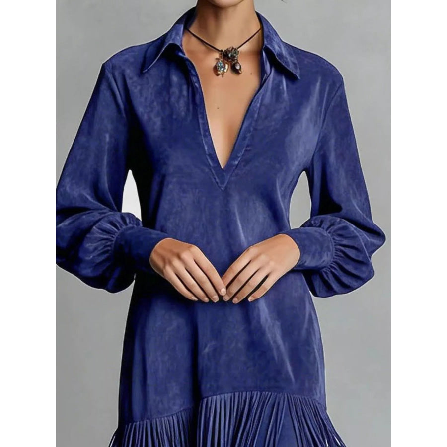 Fringed Lantern Sleeve Dress Apparel and Accessories
