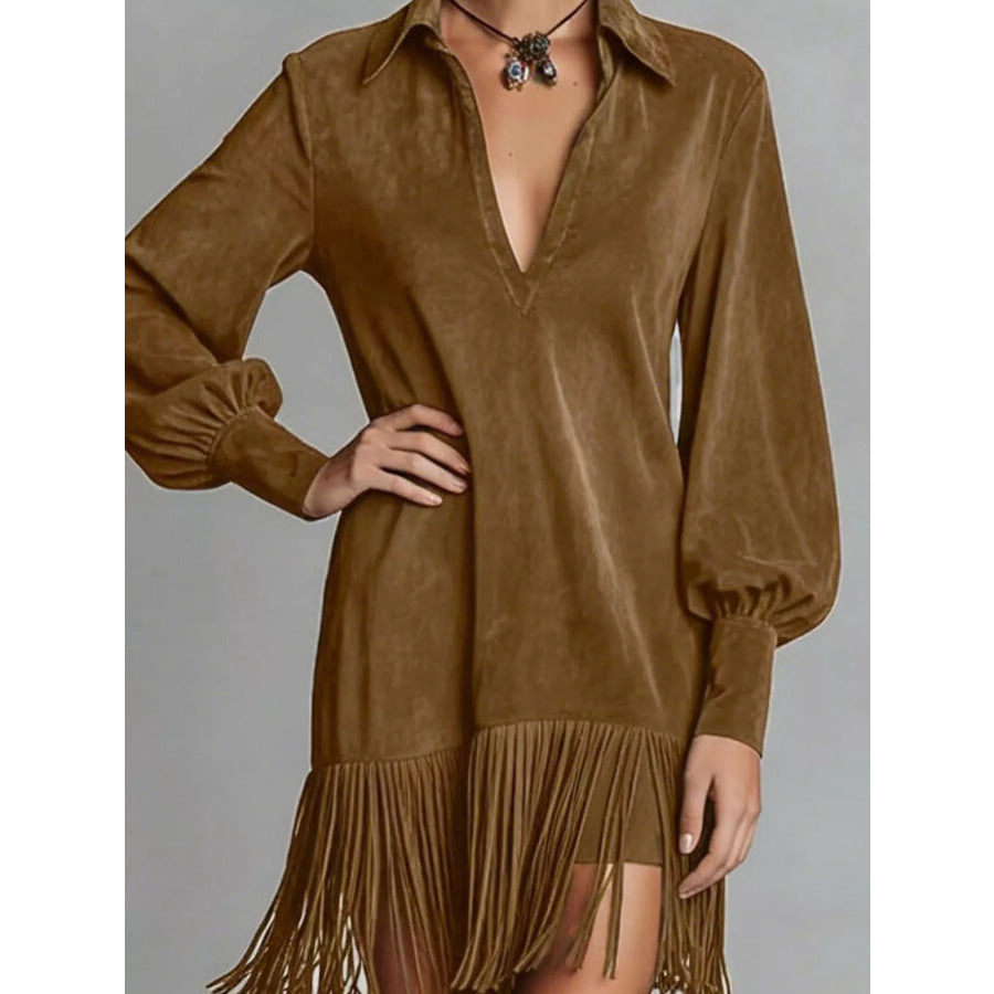 Fringed Lantern Sleeve Dress Apparel and Accessories